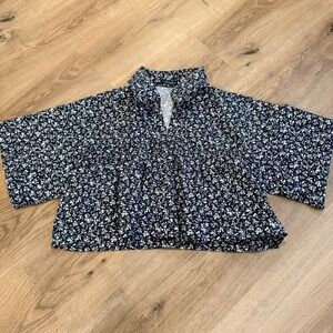 ZARA Black White Floral Babydoll Cropped Top Kimono Sleeve Cotton XS